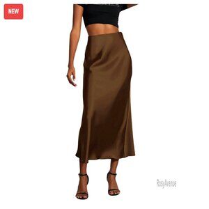 Satin Fishtail Midi Skirt High Waisted Flared Office Formal